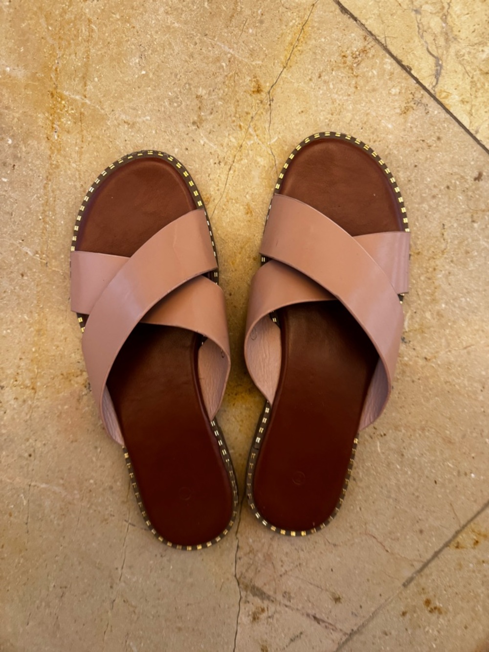 Leather Cross-Strap Slide Sandals in Dusty Pink - Women